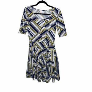 Lularoe Nicole Dress SZ Medium White Yellow and Blue Geometric Design